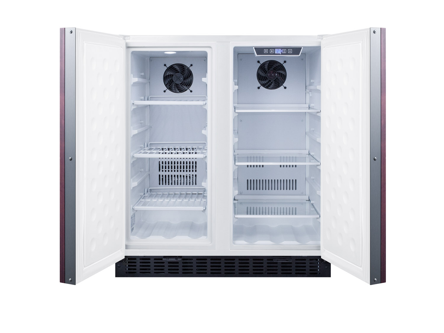 Frost-free side-by-side refrigerator-freezer for built-in or freestanding use with white cabinet, panel-ready doors, door storage, and digital controls